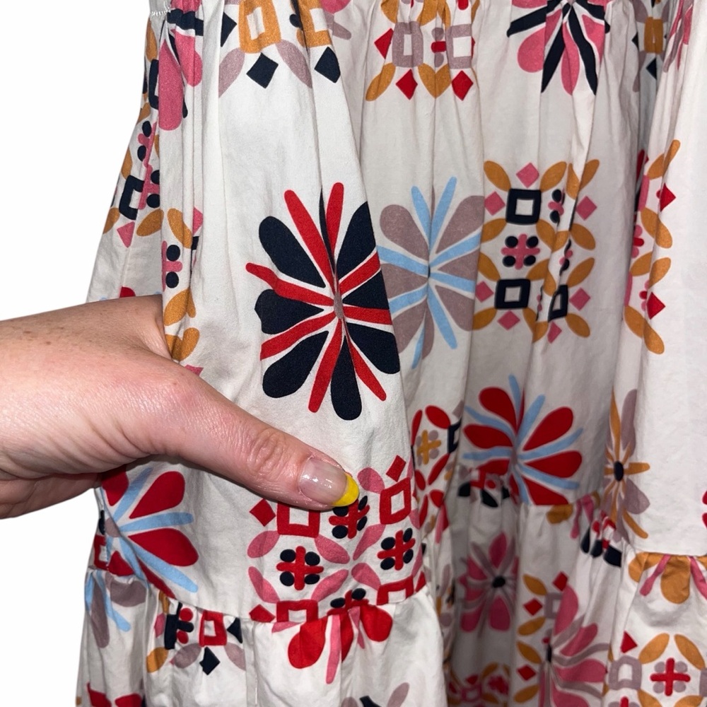 La DoubleJ Multicolor Midi Dress Floral Tile Print Tiered Cotton Med Casual 🟡 - Picture 8 of 14